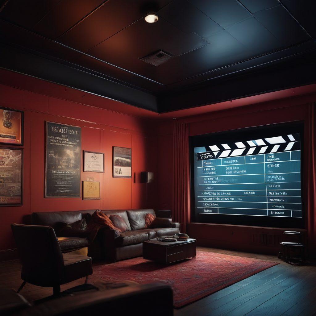 A film reel unraveling into a complex web of real-life scenes, highlighting moments of drama, emotion, and truth. In the background, a cinema screen displays silhouettes of iconic filmmakers deep in thought. The color palette should be a mix of dark tones with bright highlights, symbolizing the contrast between reality and fiction. Incorporate subtle film elements like clapperboards and lighting equipment in the foreground. super-realistic. vibrant colors. cinematic atmosphere.