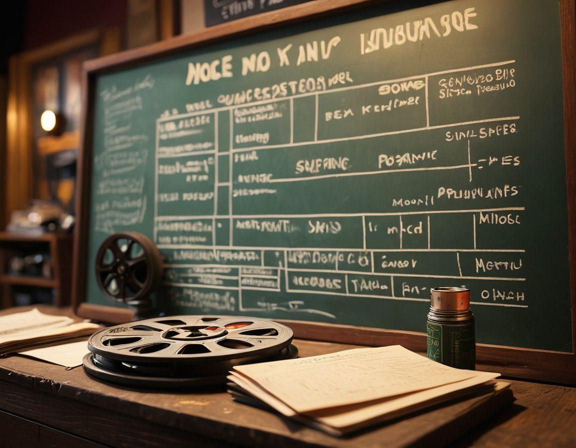 A cinematic film slate in the foreground, with a blurred backdrop of a bustling film set filled with crew members, cameras, and lights. In the corner, a vintage film reel and a stack of script pages provide depth, while a chalkboard with handwritten film commentary and trends adds an intellectual touch. The colors are vibrant and lively, evoking the energy of filmmaking. super-realistic. vibrant colors. cinematic atmosphere.